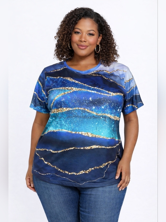 Unbranded Tops - Women's Unbranded Blue Gold Abstract Short Sleeve Tee 4X